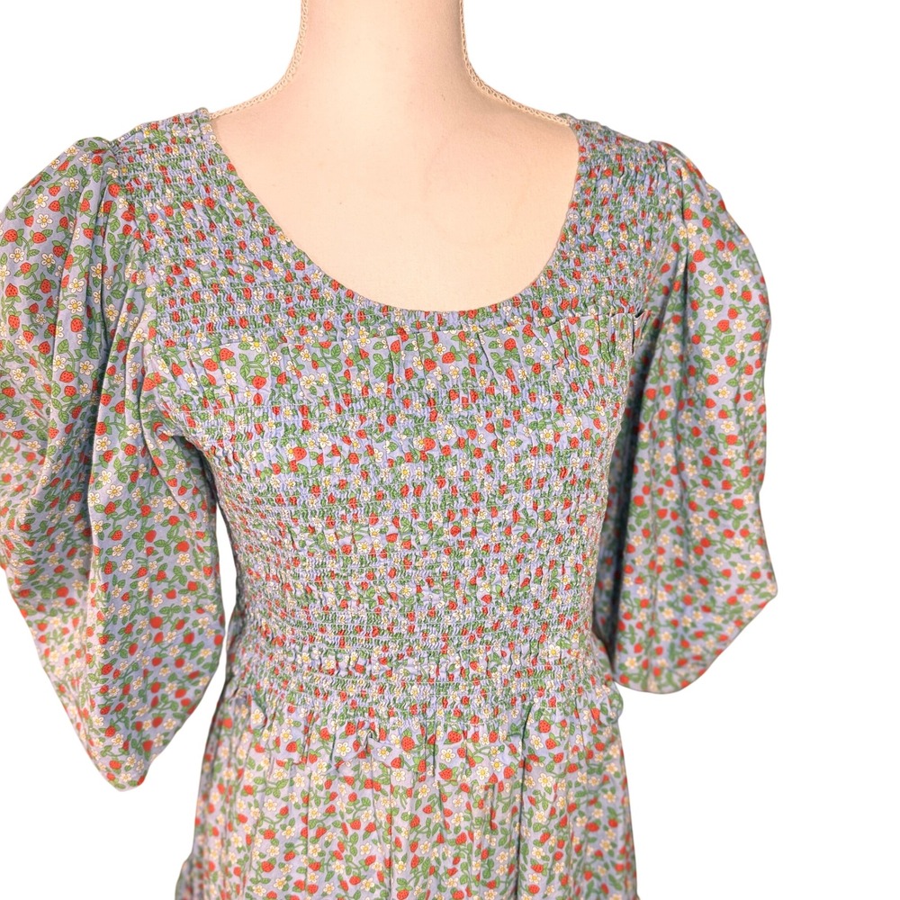 Sea New York Lilly Smocked Mini Dress Blue Strawberry Floral Puff Sleeve Large - Picture 10 of 12